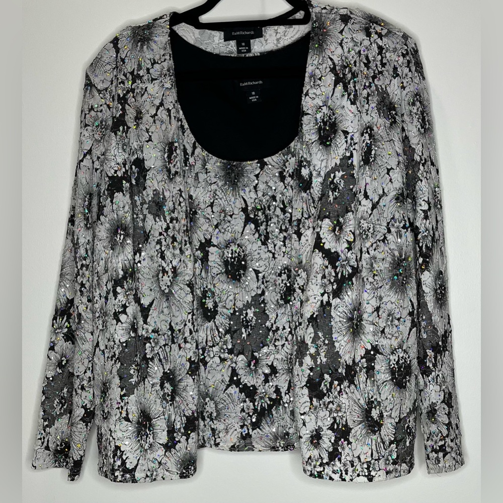 R&M Richards Black and White Floral Set with Iridescent Sequined Details